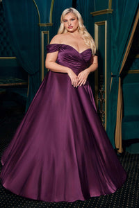 Cinderella Divine 7493C Long Plus Size A-Line Off the Shoulder Satin Dress