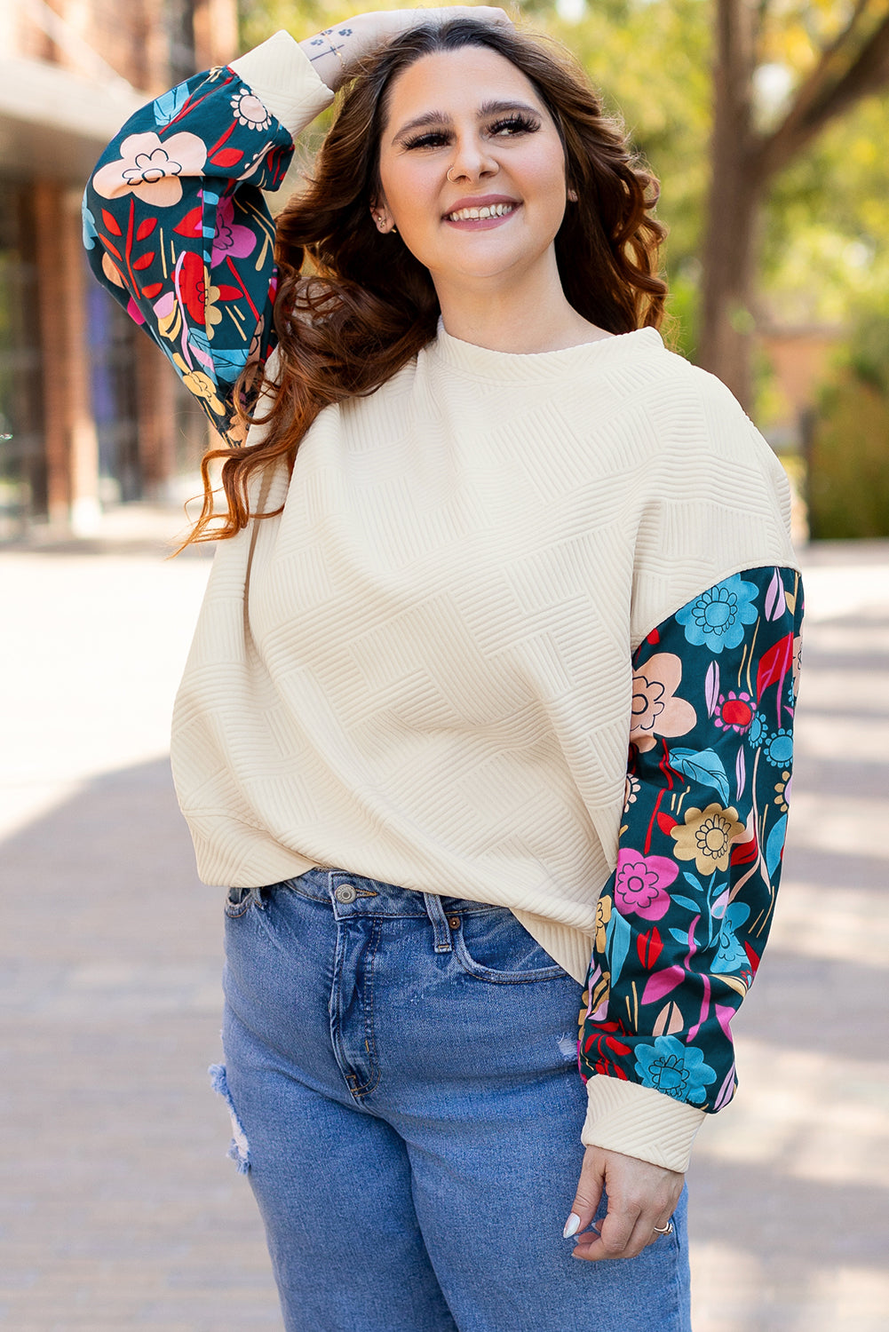 White Floral-Sleeve Textured Pullover — plus-size long-sleeve top, Kothlis