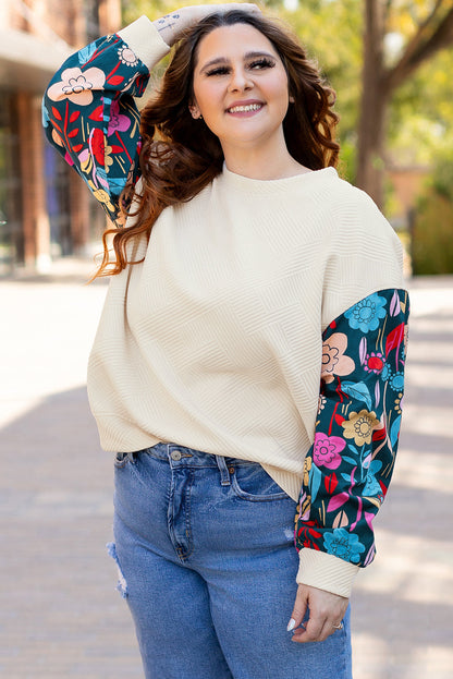White Floral-Sleeve Textured Pullover — plus-size long-sleeve top, Kothlis