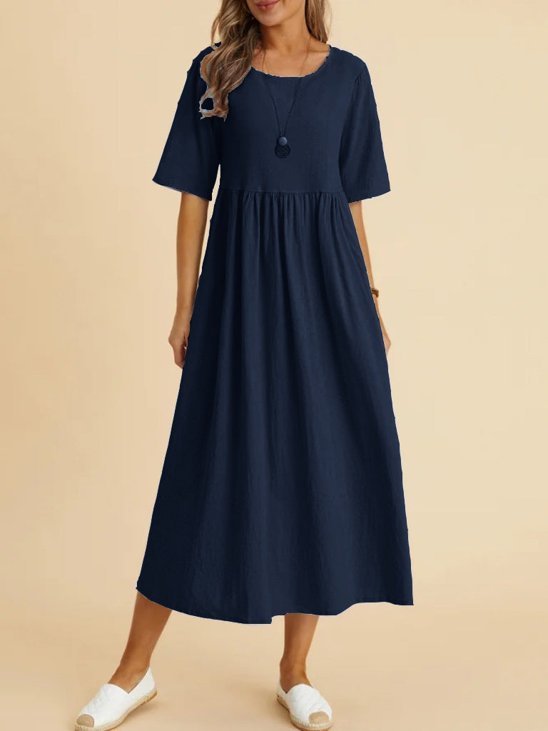 Cotton-Linen Pocket Midi - Round Neck — plus-size dress, Kothlis