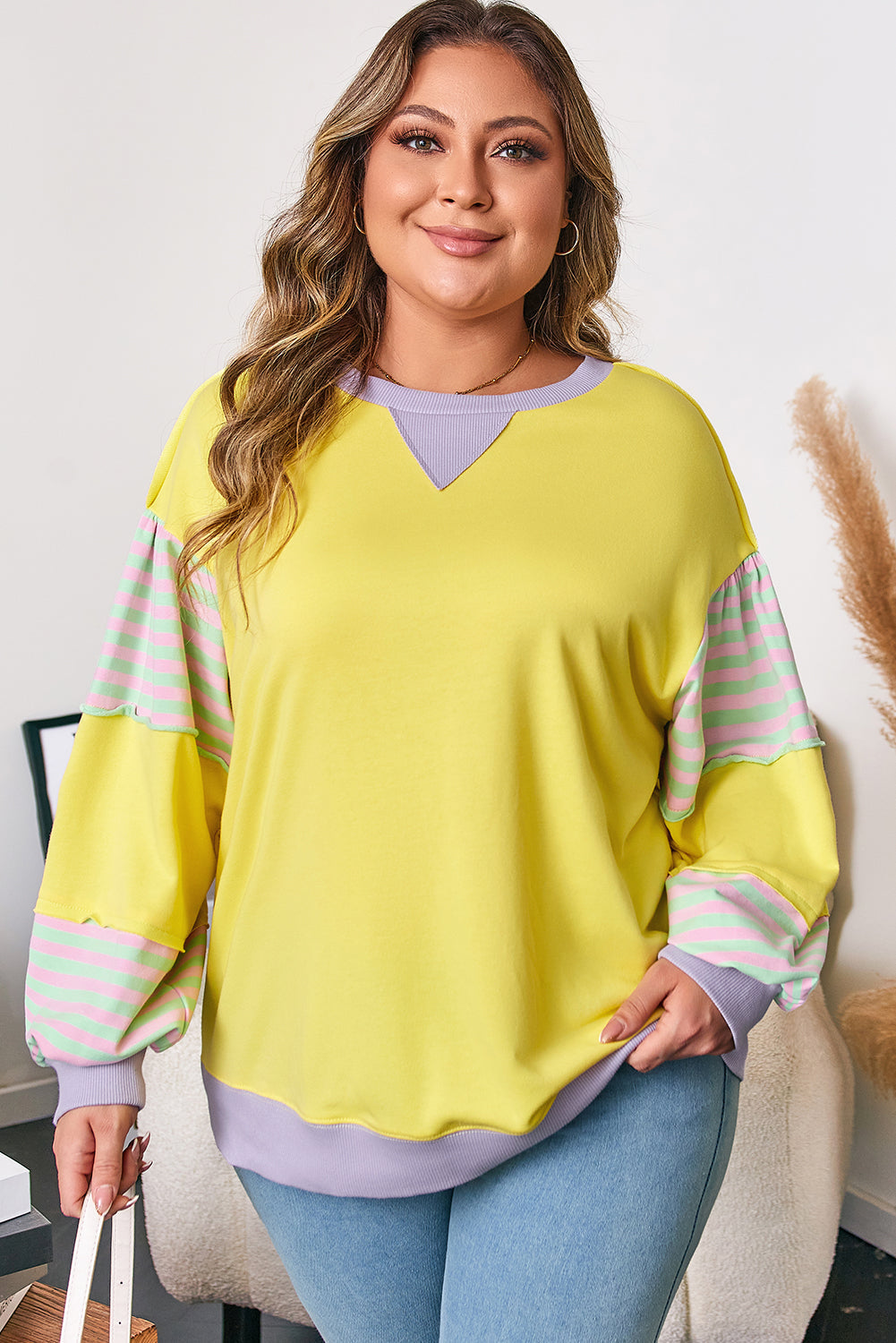 Yellow Stripe Colorblock Crewneck Sweatshirt — plus-size sweatshirt, Kothlis