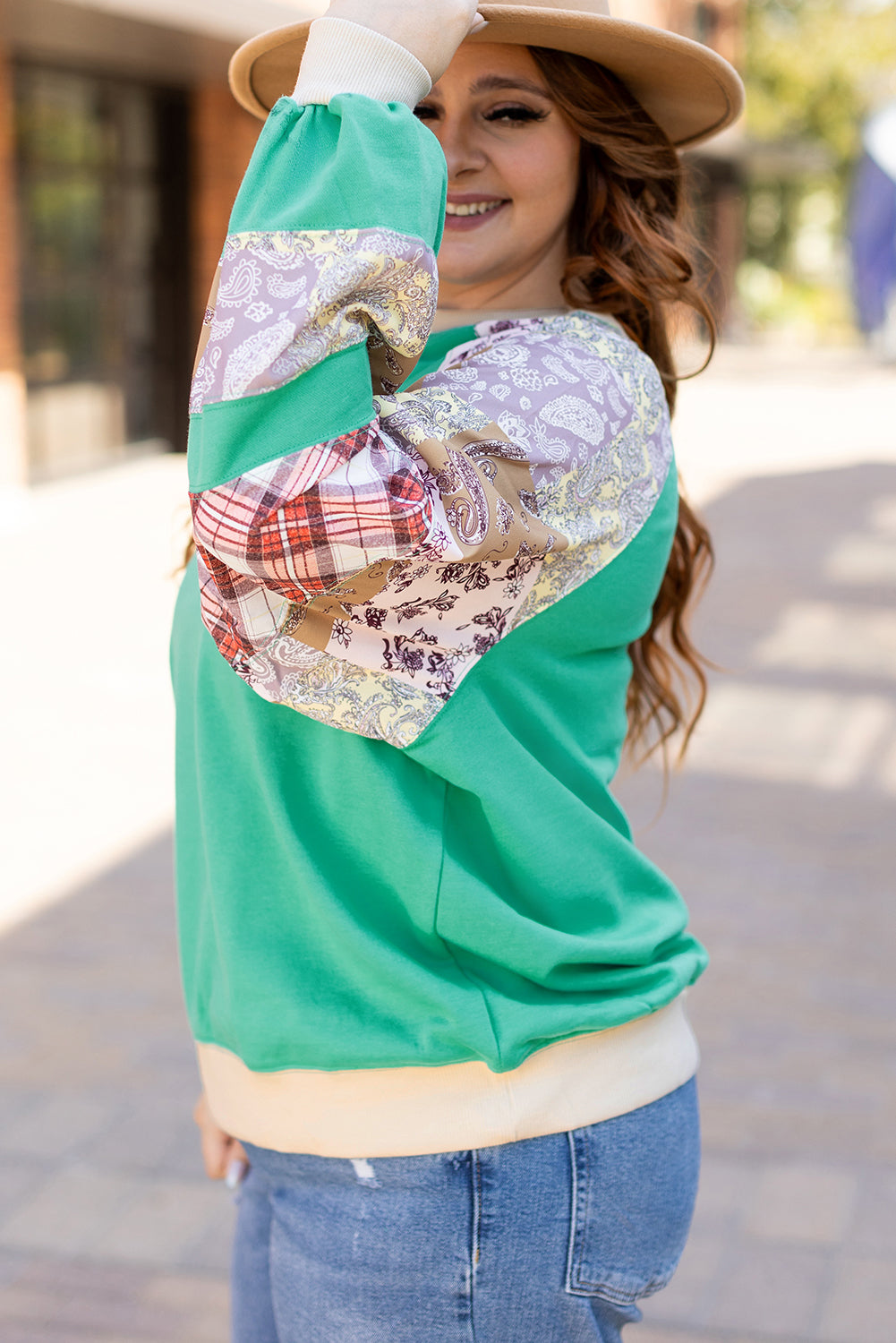 Sky Blue Plaid + Floral Raglan Sweatshirt — plus-size sweatshirt, Kothlis