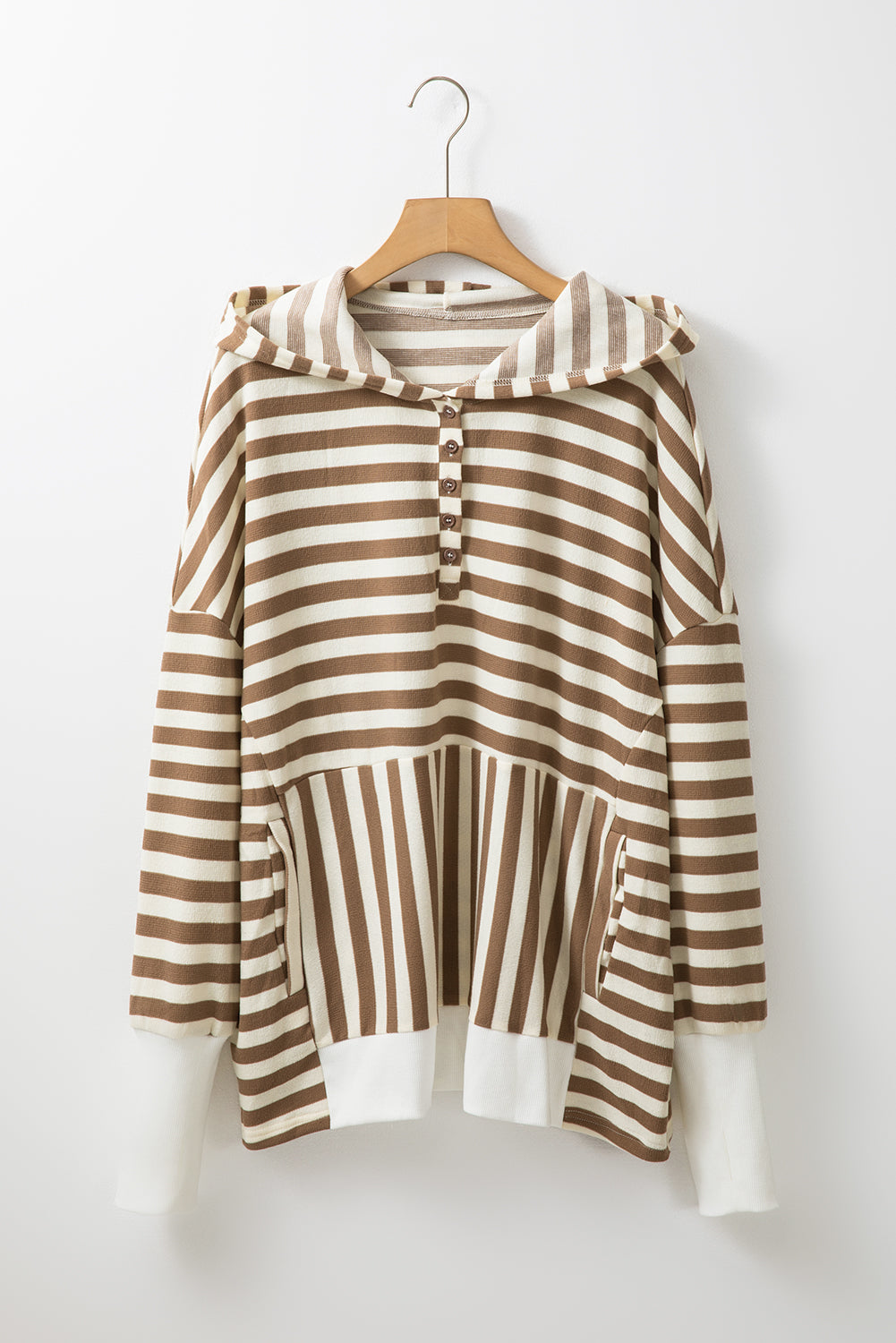 Brown Stripe Quarter-Button Drop-Sleeve Hoodie — plus-size sweatshirt, Kothlis