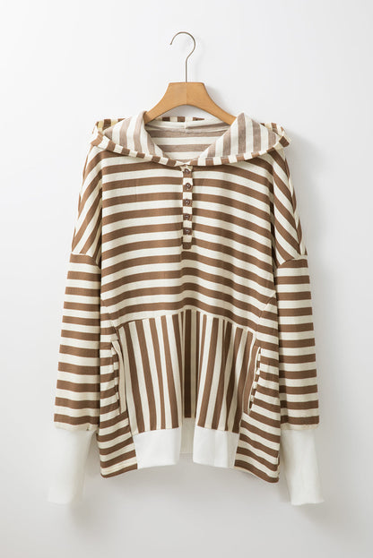 Brown Stripe Quarter-Button Drop-Sleeve Hoodie — plus-size sweatshirt, Kothlis