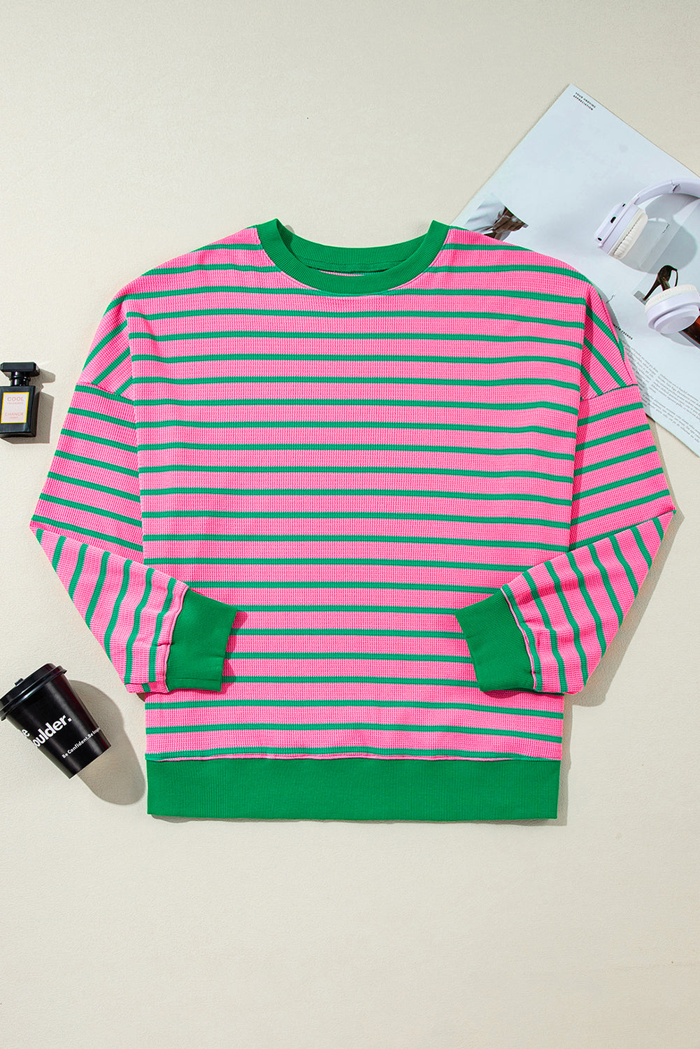Pink Stripe Waffle Crewneck - Soft Everyday Layer — plus-size sweatshirt, Kothlis