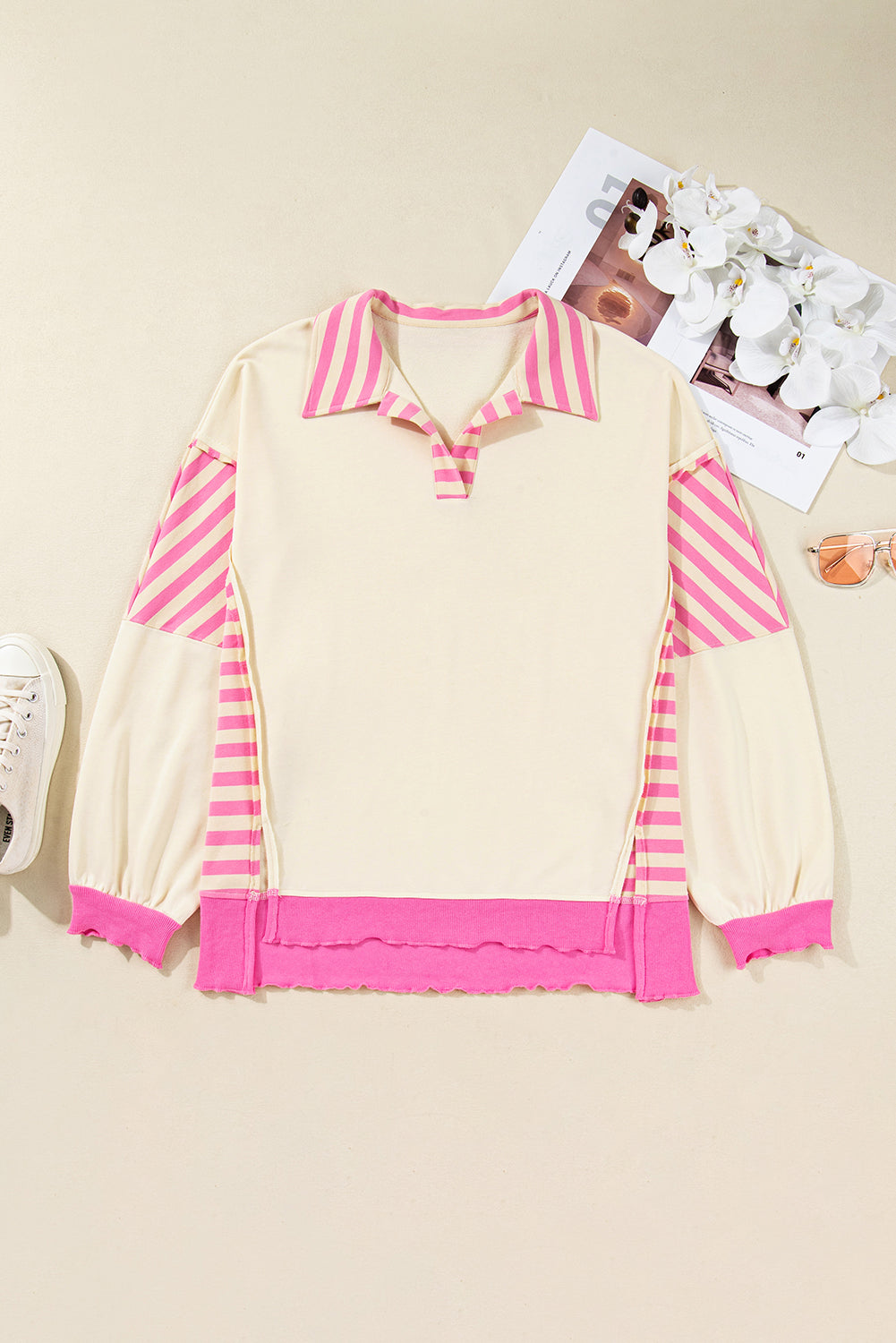 Pink Stripe Polo-Collar Drop-Shoulder Pullover — plus-size sweatshirt, Kothlis