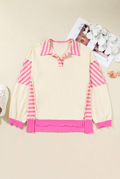 Pink Stripe Polo-Collar Drop-Shoulder Pullover — plus-size sweatshirt, Kothlis