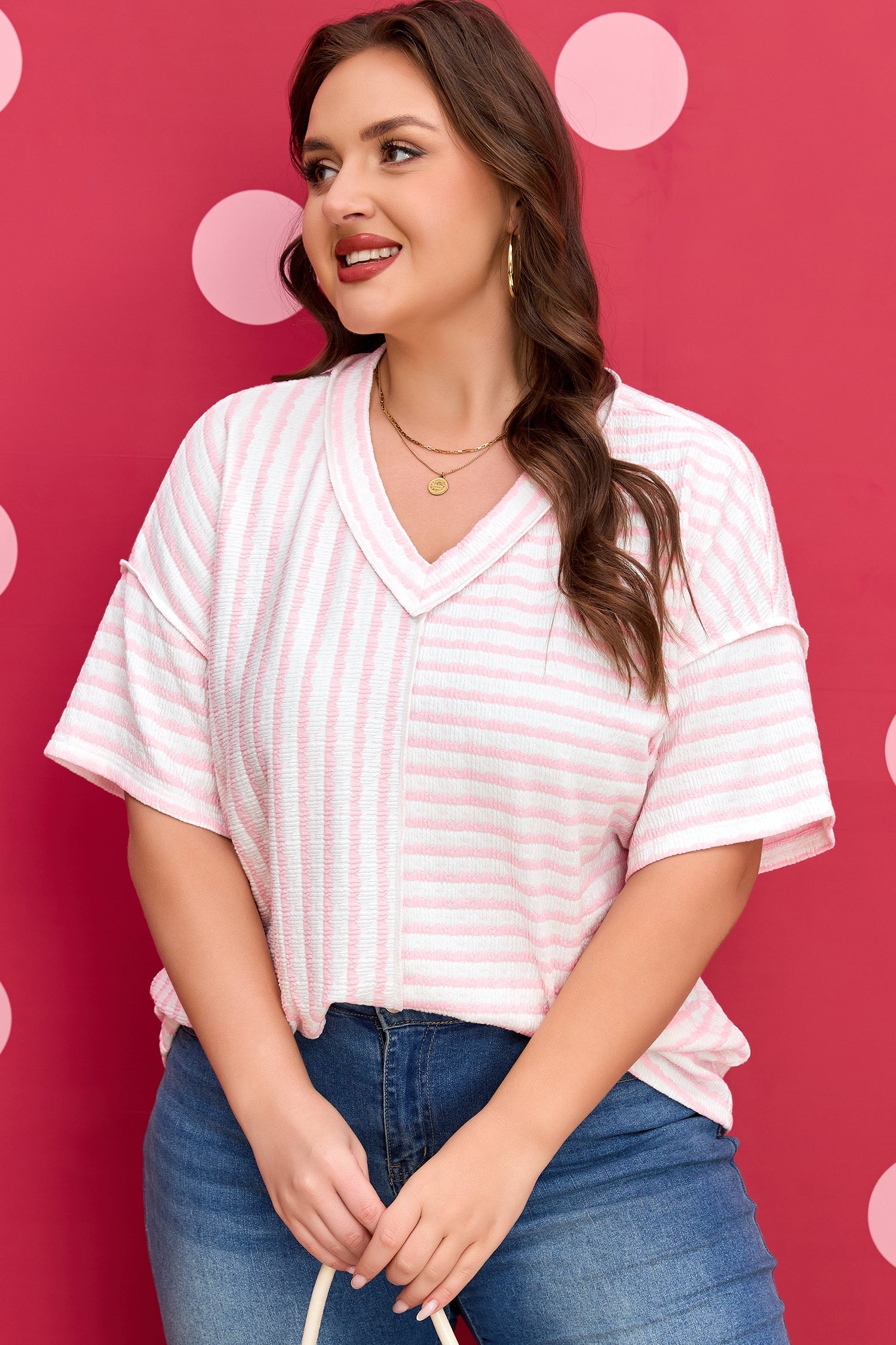 Nora - Striped V-Neck Tee with Seam Detail — plus-size top, Kothlis