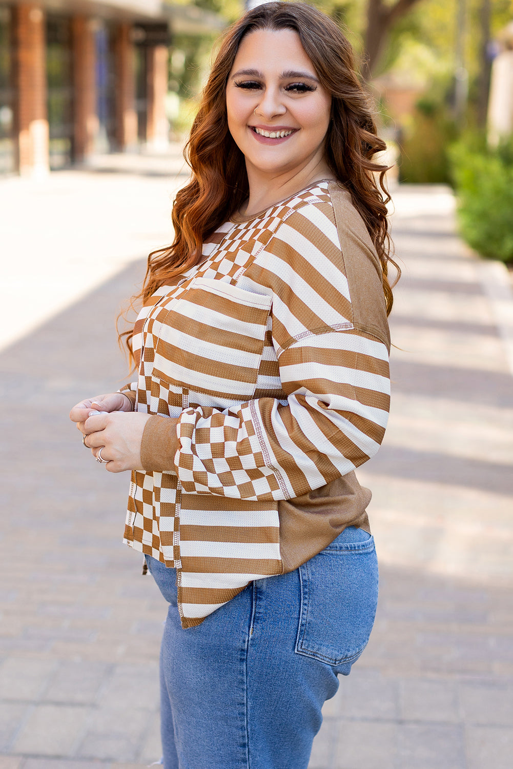 Khaki Stripe + Check Mixed-Print Pocket Top — plus-size long-sleeve top, Kothlis