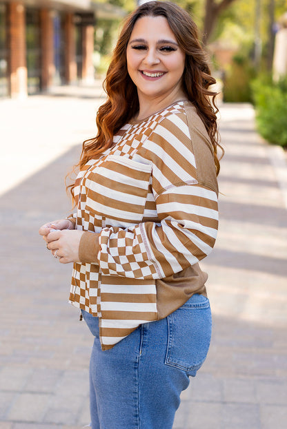Khaki Stripe + Check Mixed-Print Pocket Top — plus-size long-sleeve top, Kothlis