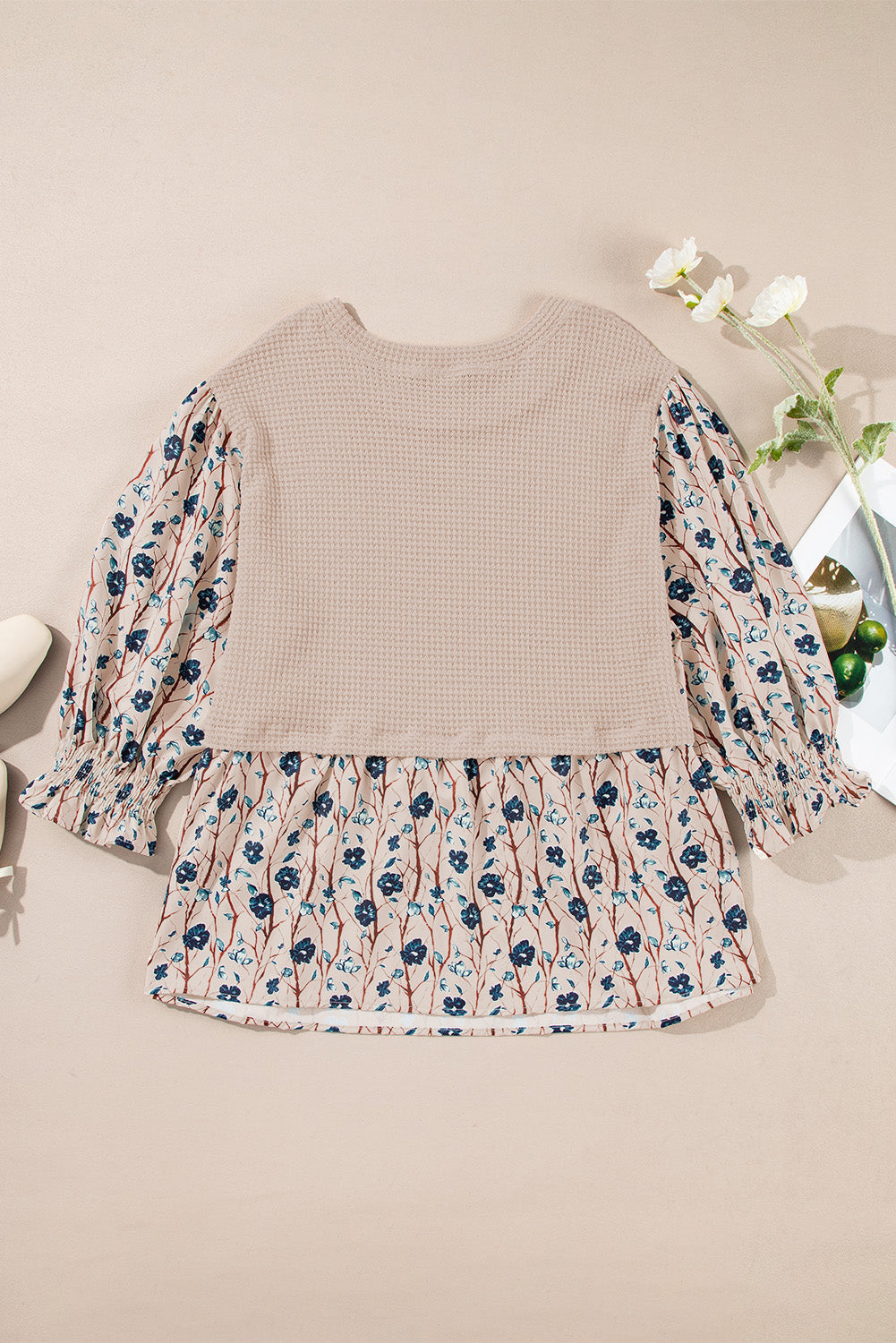 Beige Faux Two-Piece Floral Knit Top — plus-size long-sleeve top, Kothlis