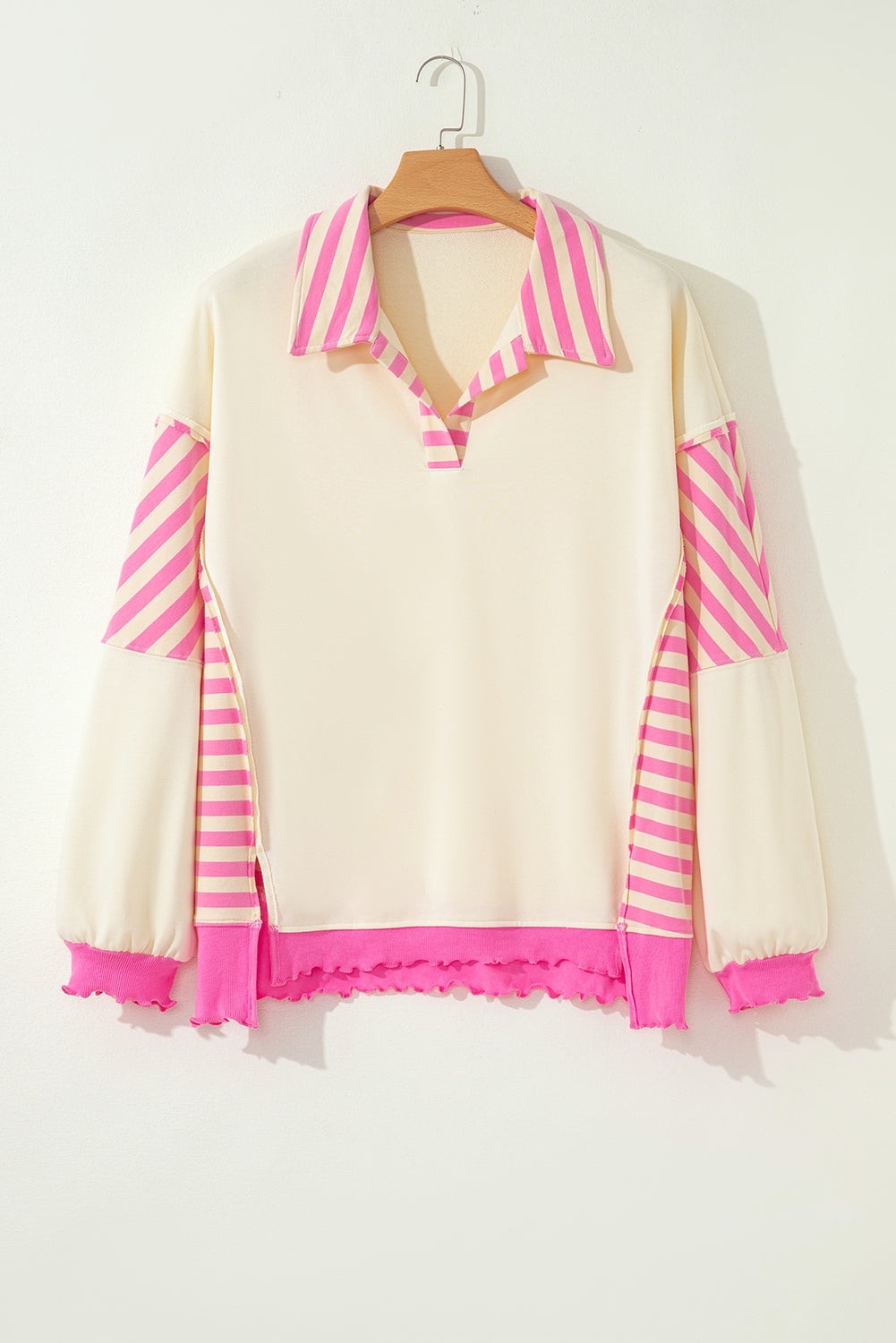 Pink Stripe Polo-Collar Drop-Shoulder Pullover — plus-size sweatshirt, Kothlis
