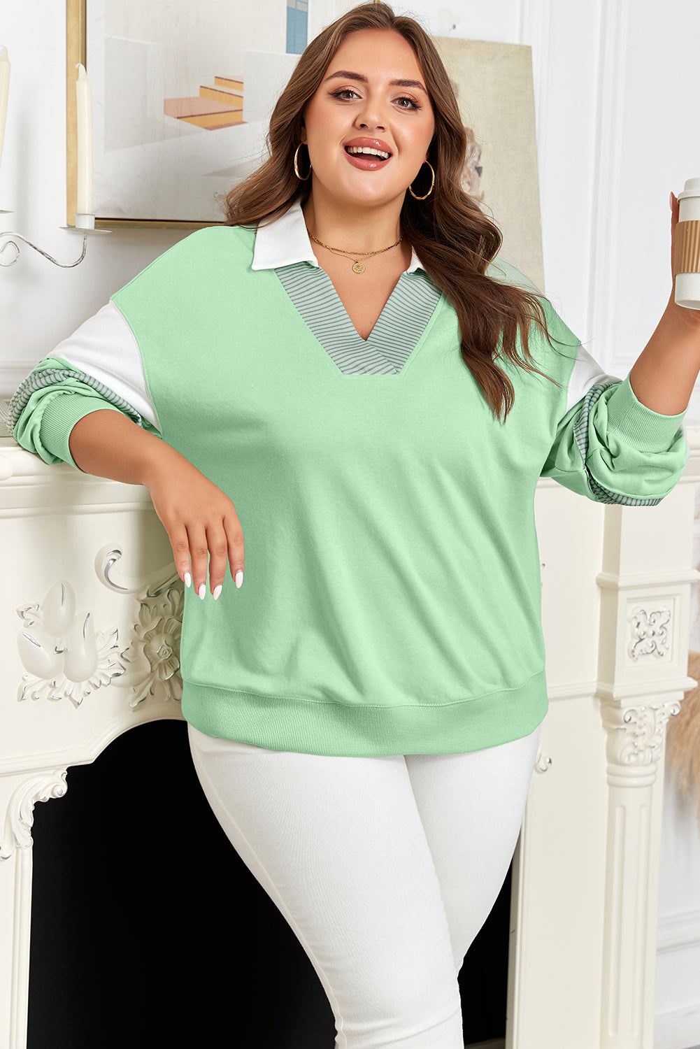 Moonlight Jade V-Neck Colorblock Sweatshirt — plus-size sweatshirt, Kothlis