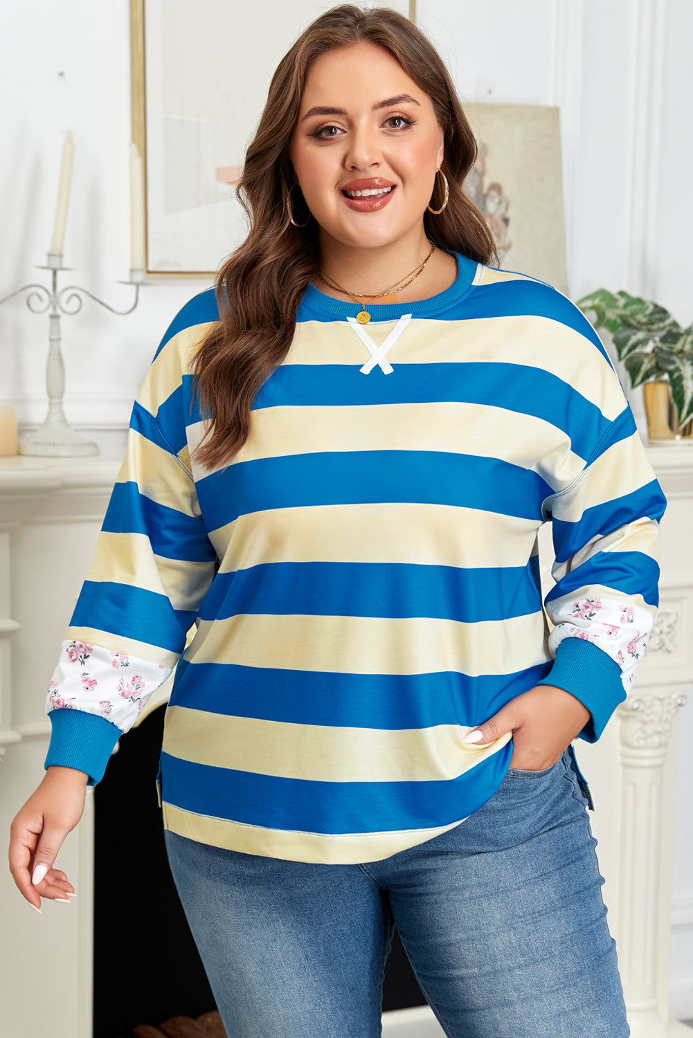 Blue Stripe Floral Drop-Shoulder Pullover — plus-size sweatshirt, Kothlis