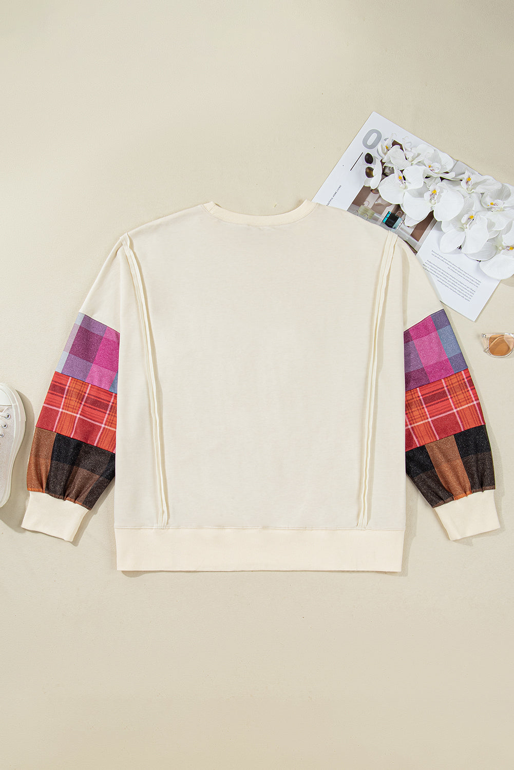 Beige Plaid Patchwork Pullover - Quiet Statement — plus-size long-sleeve top, Kothlis