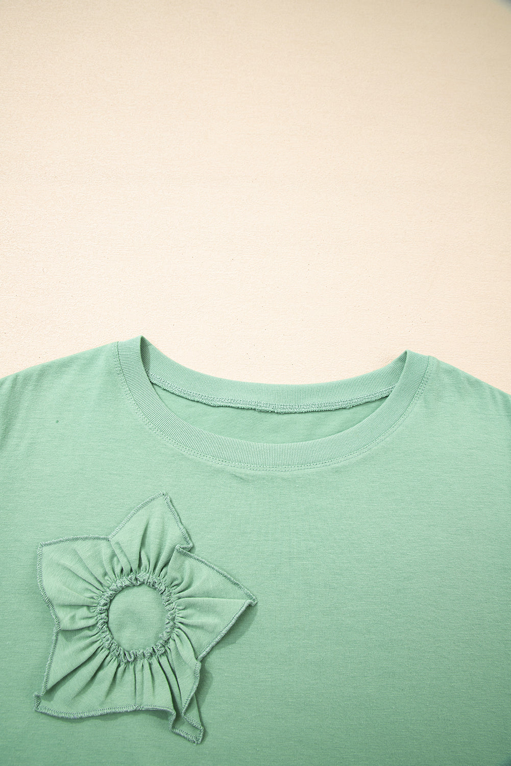 Grass Green Floral Applique Mineral-Wash Top — plus-size long-sleeve top, Kothlis