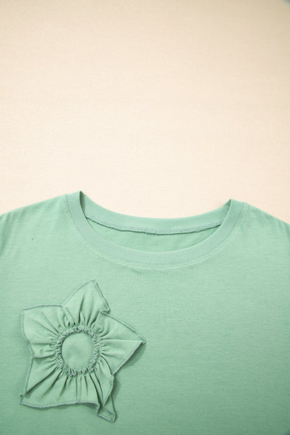 Grass Green Floral Applique Mineral-Wash Top — plus-size long-sleeve top, Kothlis