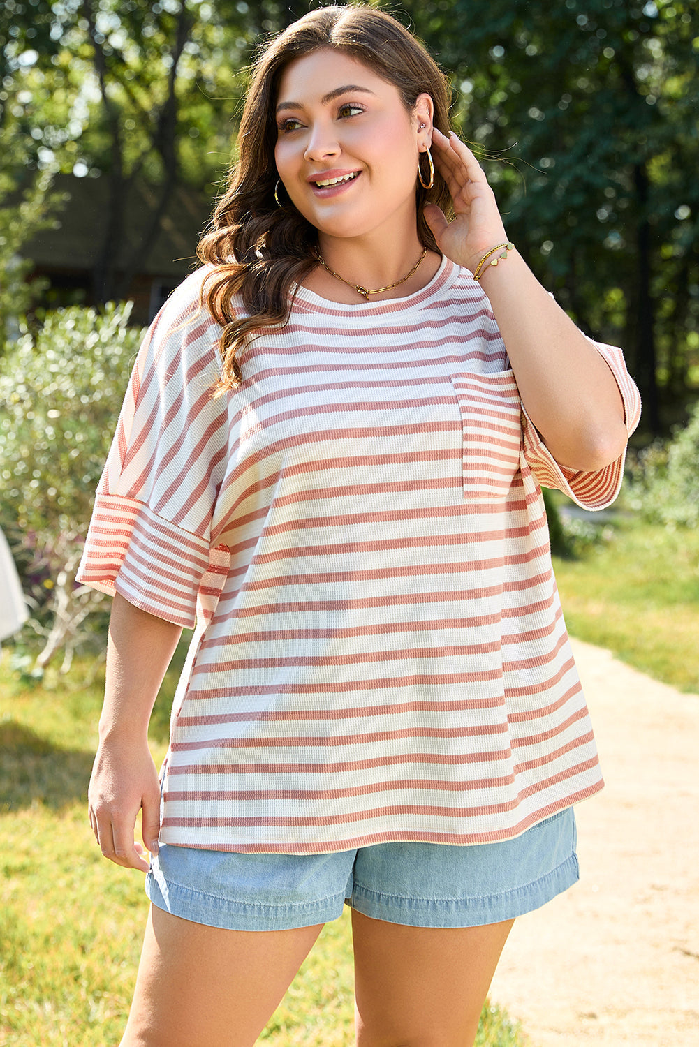 Amari - Waffle-Knit Pocket Top in Pink Stripe — plus-size top, Kothlis