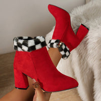 Women's Plaid Suede Ankle Boots | Square Heel Side Zipper Winter Boots