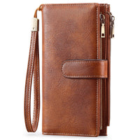 Women's Vintage Tri-Fold Wallet with RFID Protection - Oil Wax Leather Long Purse