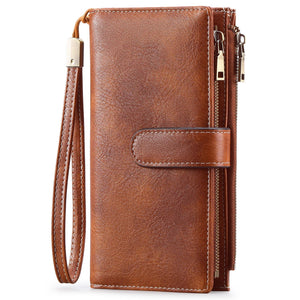 Women's Vintage Tri-Fold Wallet with RFID Protection - Oil Wax Leather Long Purse