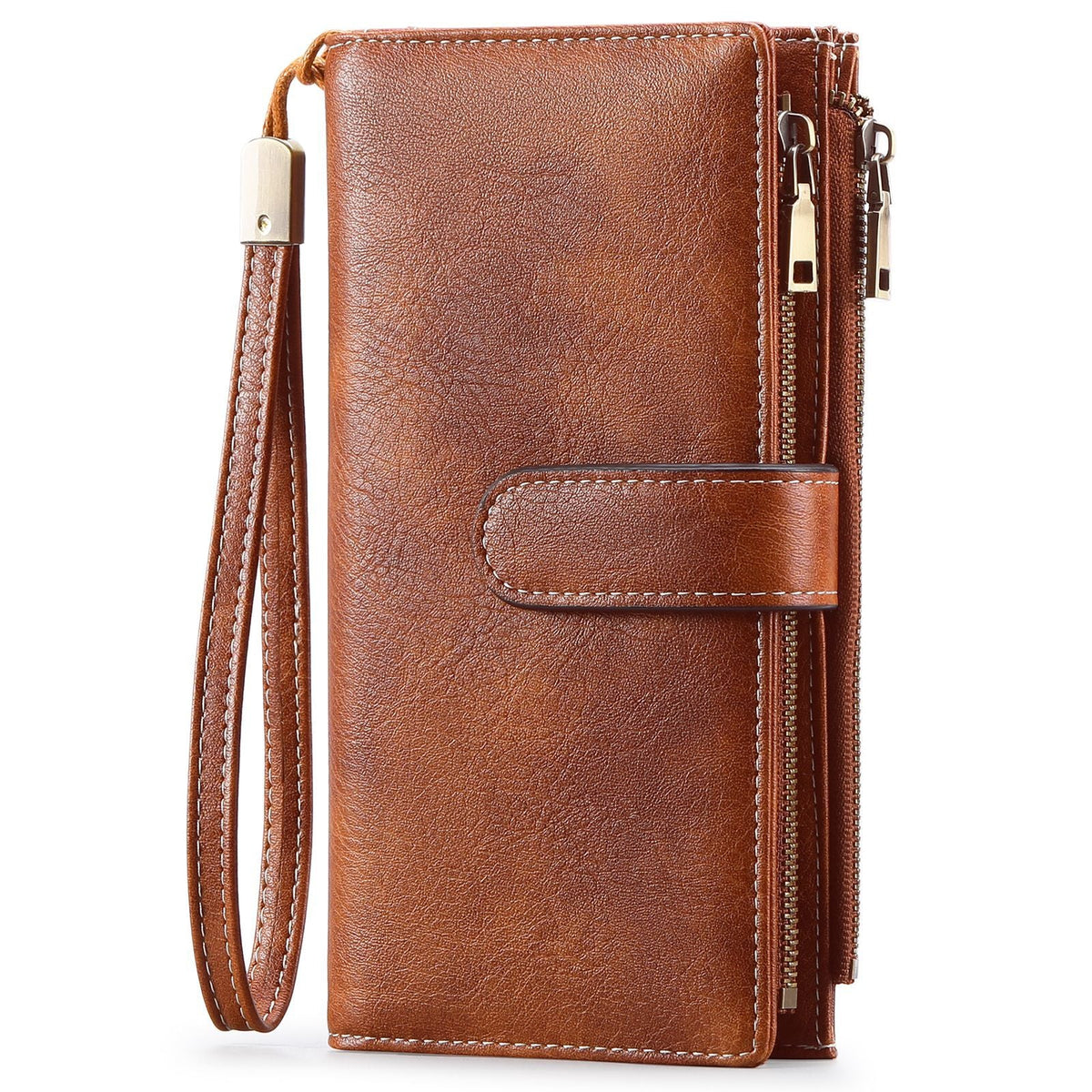 Women's Vintage Tri-Fold Wallet with RFID Protection - Oil Wax Leather Long Purse