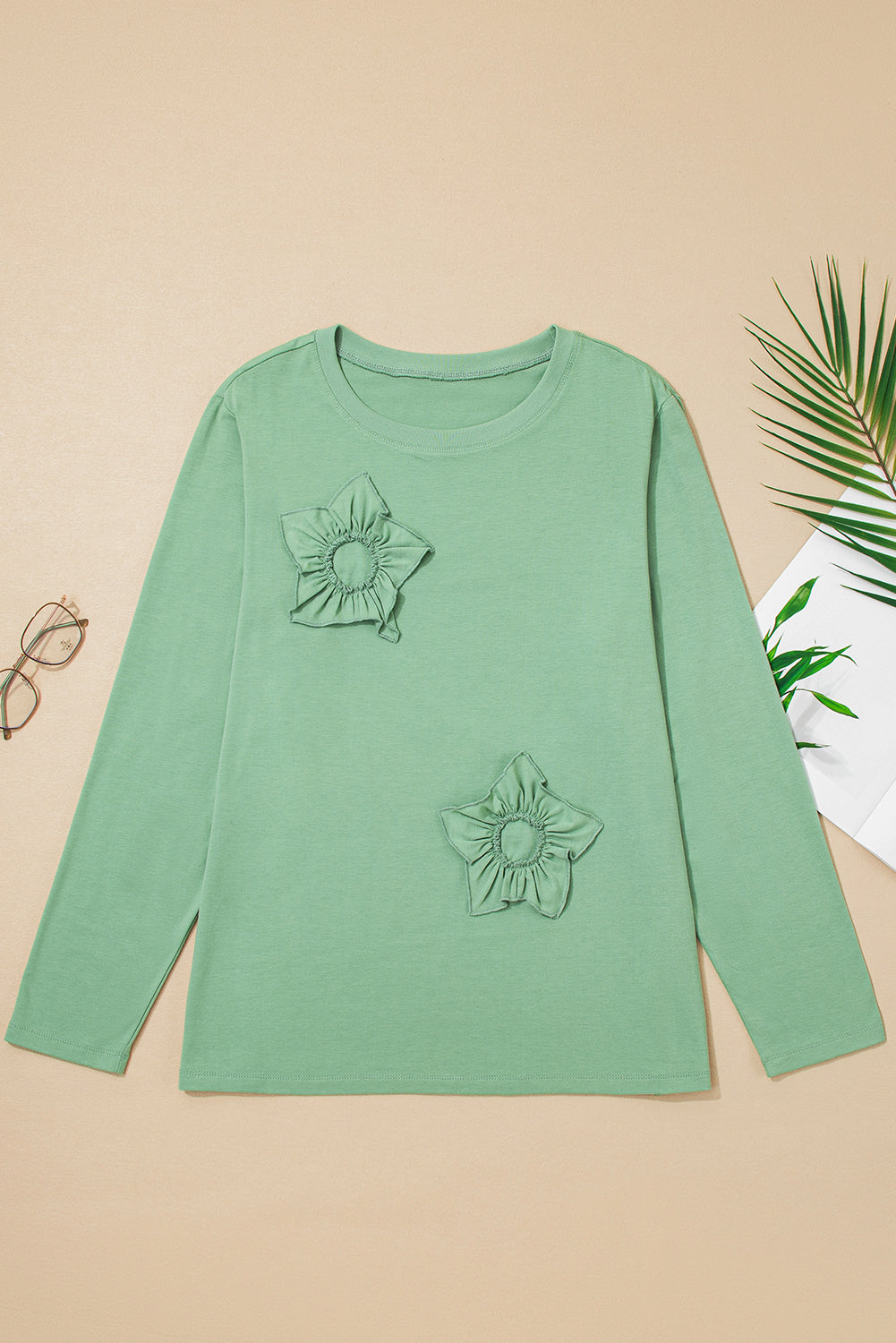 Grass Green Floral Applique Mineral-Wash Top — plus-size long-sleeve top, Kothlis