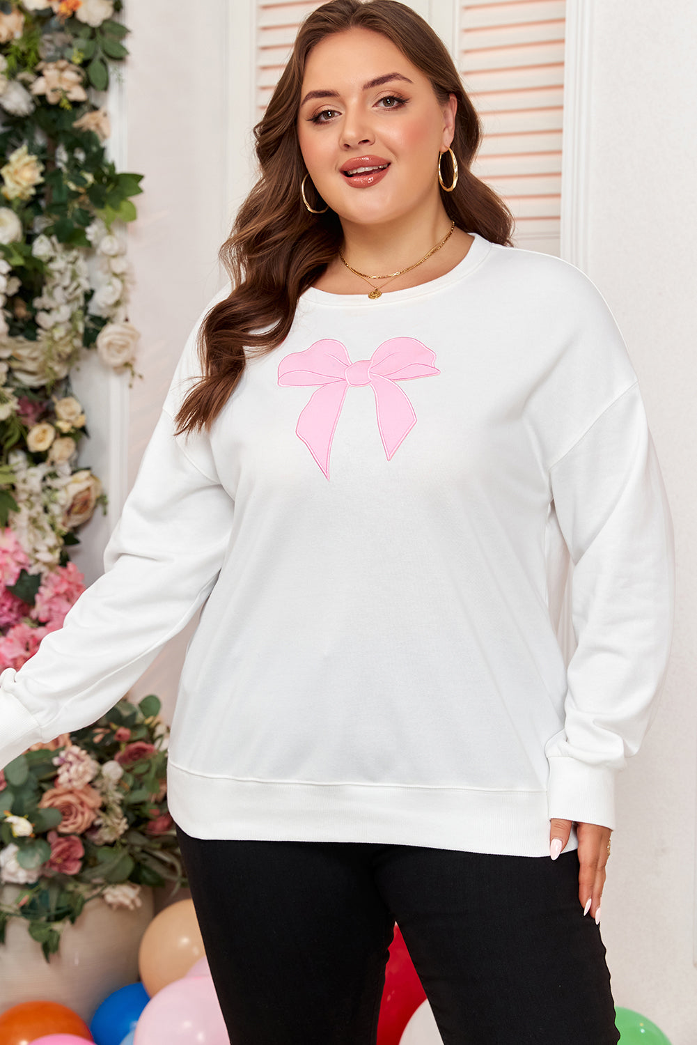 Beige Big-Bow Drop-Shoulder Sweatshirt — plus-size sweatshirt, Kothlis