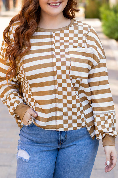 Khaki Stripe + Check Mixed-Print Pocket Top — plus-size long-sleeve top, Kothlis