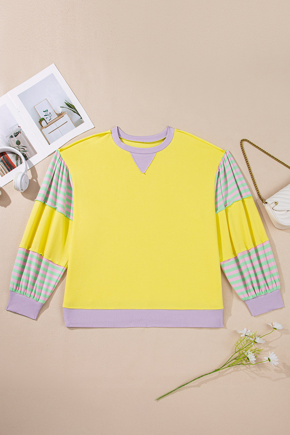 Yellow Stripe Colorblock Crewneck Sweatshirt — plus-size sweatshirt, Kothlis