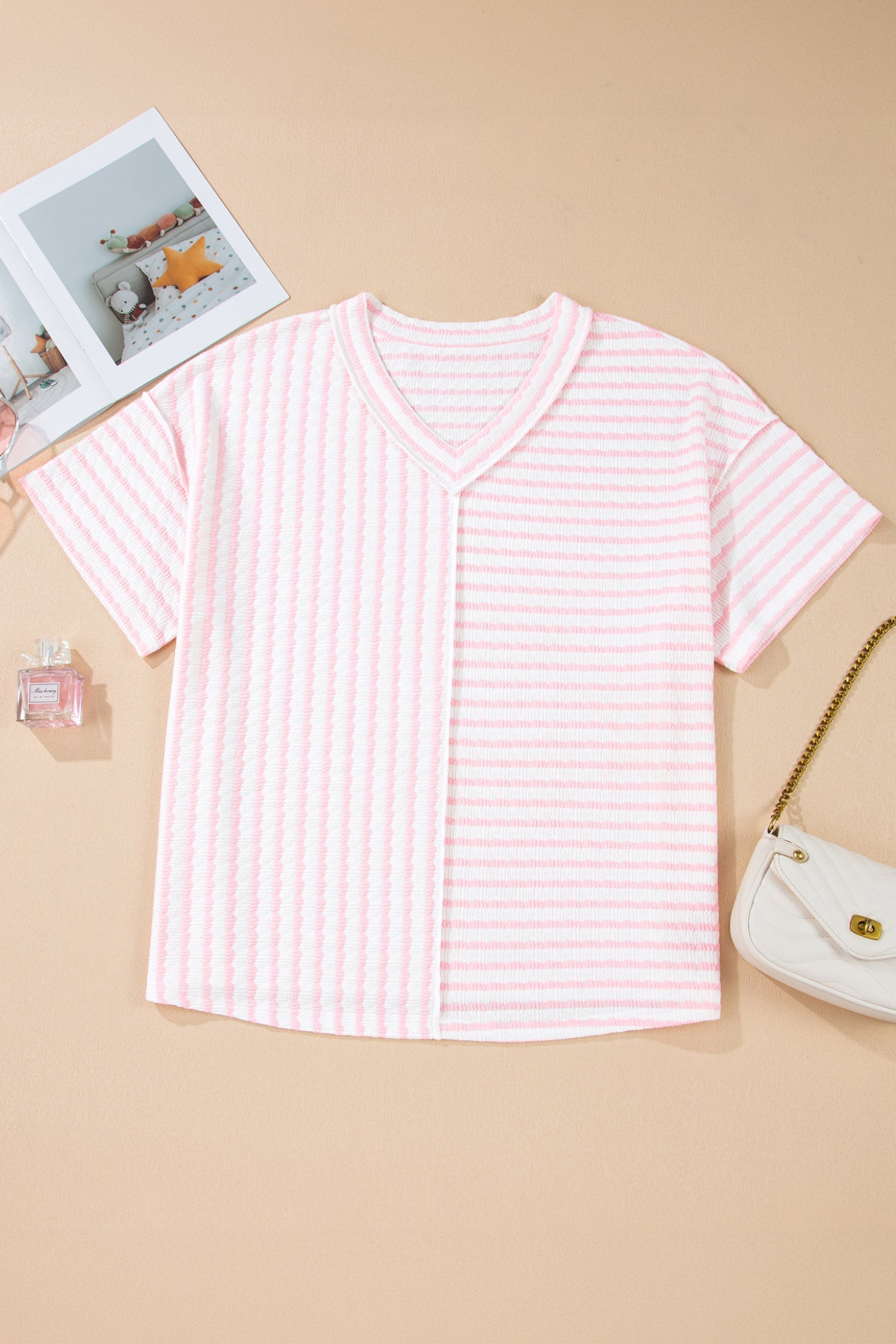 Nora - Striped V-Neck Tee with Seam Detail — plus-size top, Kothlis