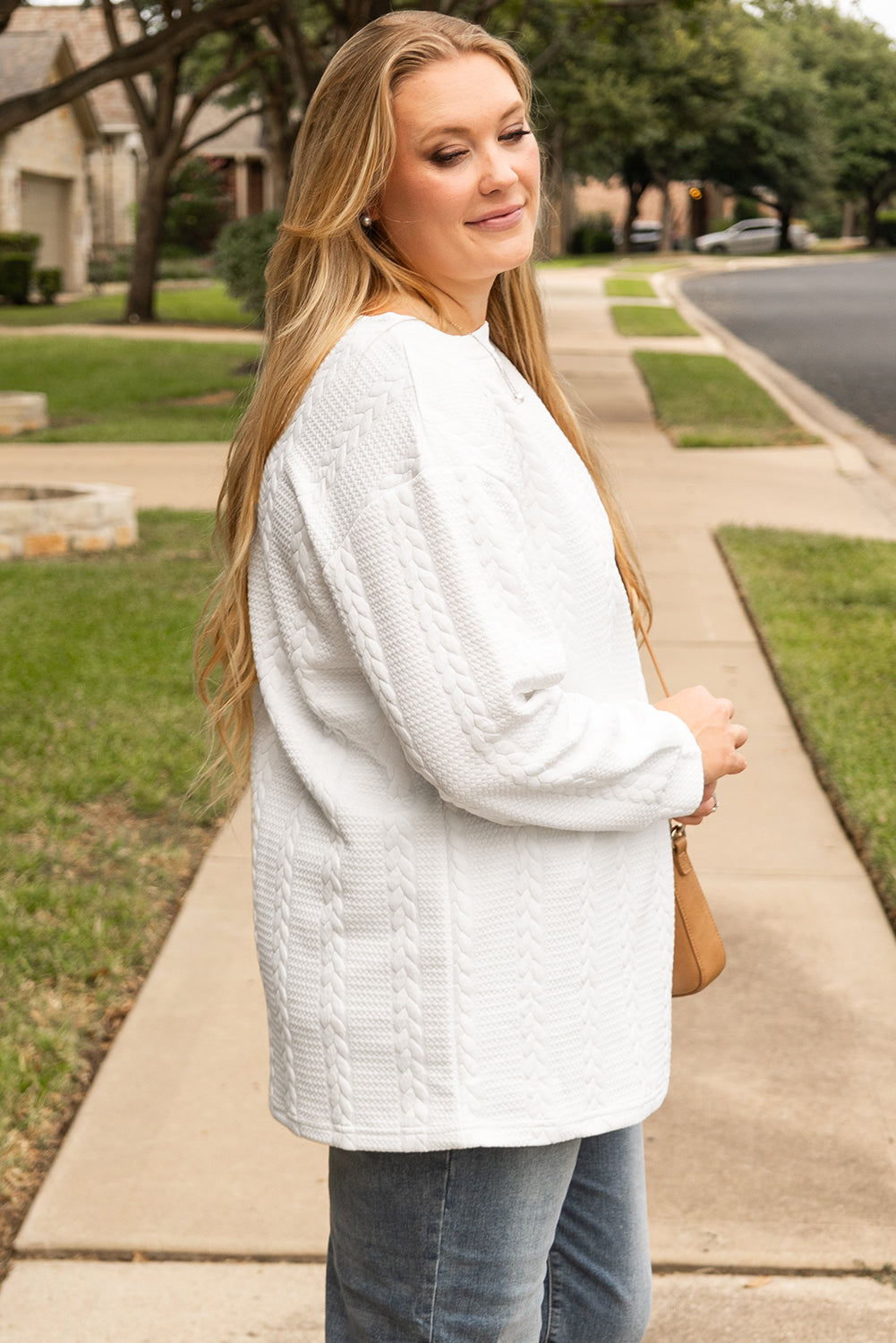 White Cable-Knit Relaxed Sweatshirt — plus-size sweatshirt, Kothlis