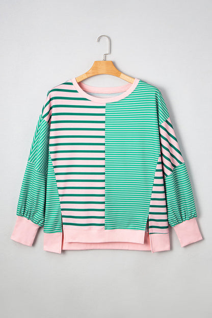 Green Stripe Side-Slit Colorblock Sweatshirt — plus-size sweatshirt, Kothlis
