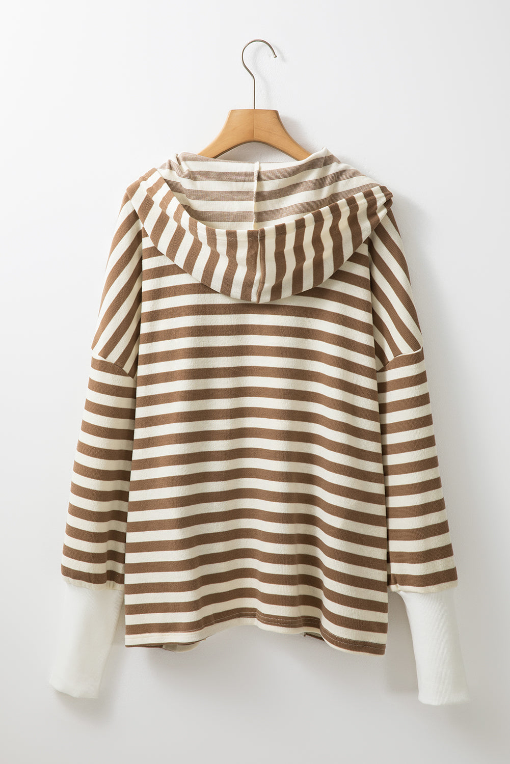 Brown Stripe Quarter-Button Drop-Sleeve Hoodie — plus-size sweatshirt, Kothlis