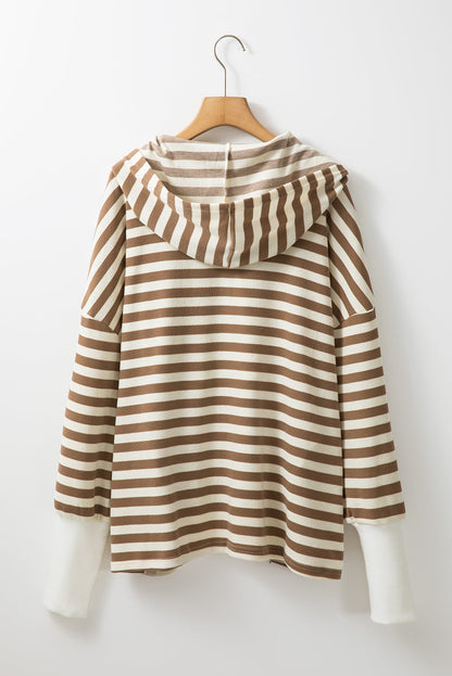 Brown Stripe Quarter-Button Drop-Sleeve Hoodie — plus-size sweatshirt, Kothlis