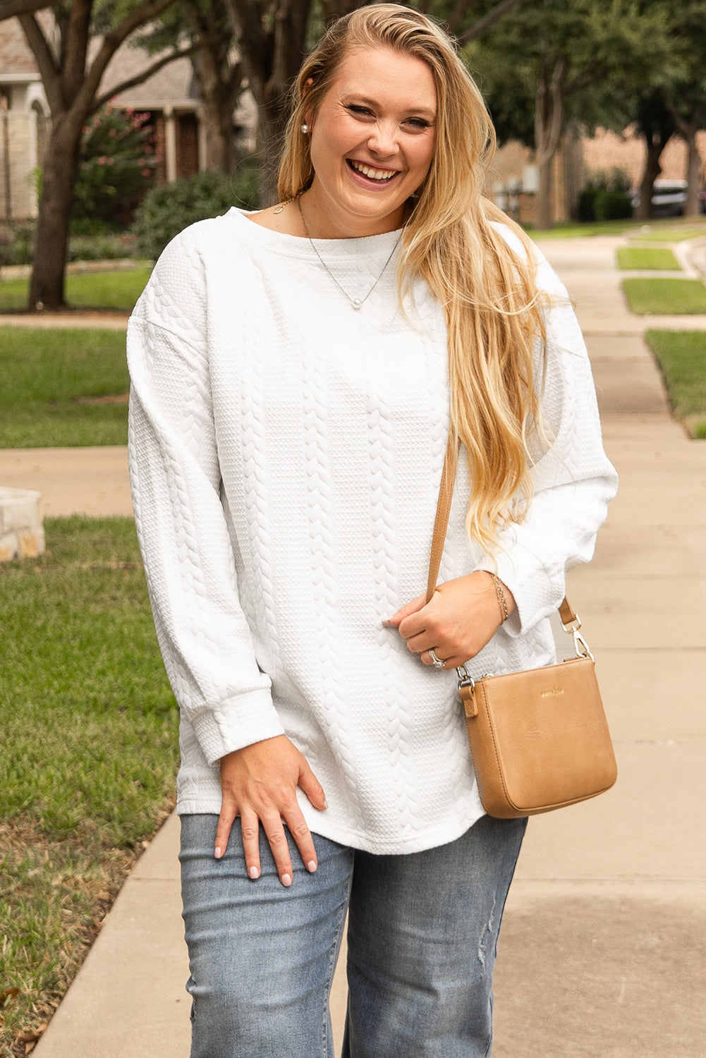 White Cable-Knit Relaxed Sweatshirt — plus-size sweatshirt, Kothlis