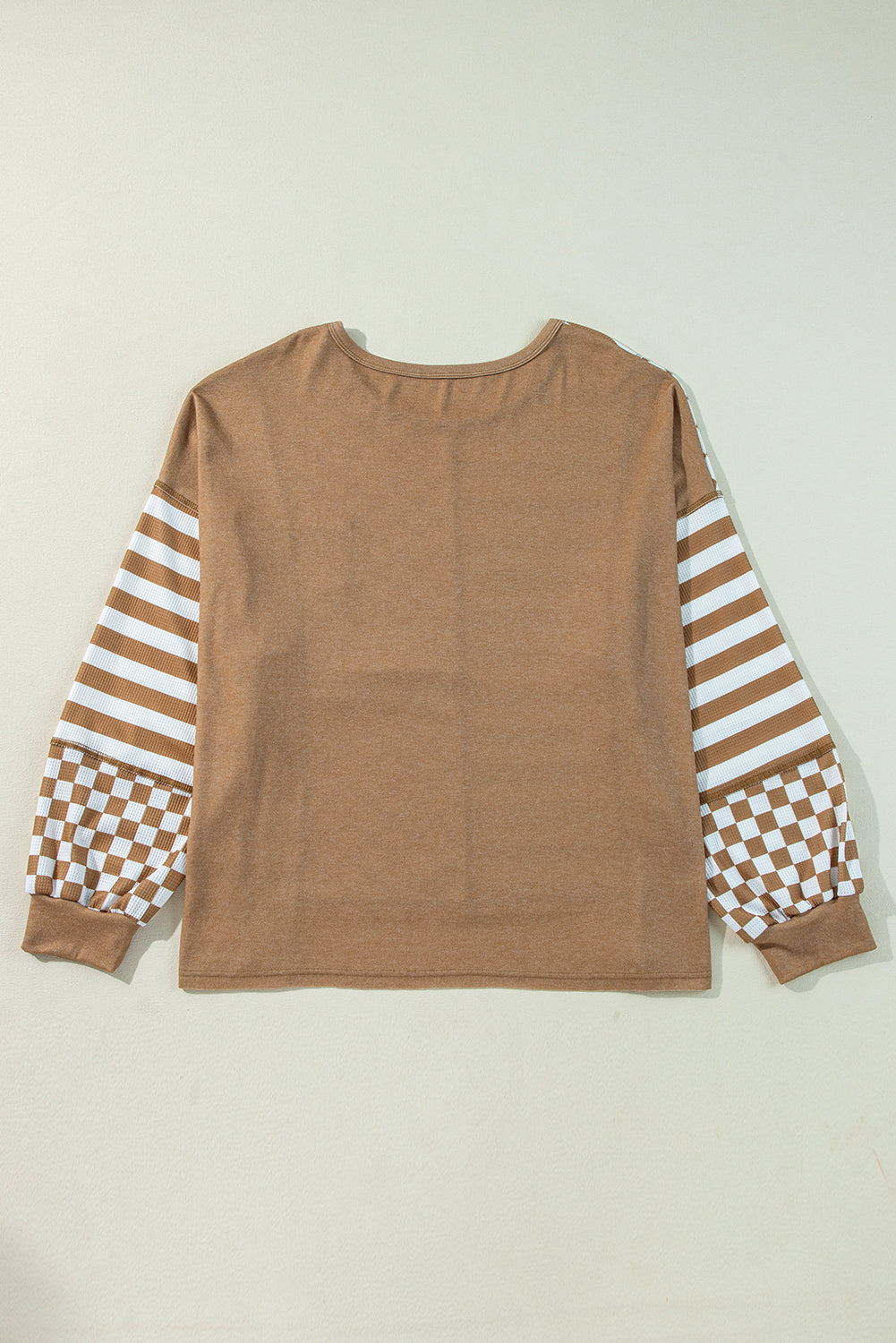 Khaki Stripe + Check Mixed-Print Pocket Top — plus-size long-sleeve top, Kothlis
