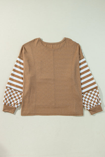 Khaki Stripe + Check Mixed-Print Pocket Top — plus-size long-sleeve top, Kothlis