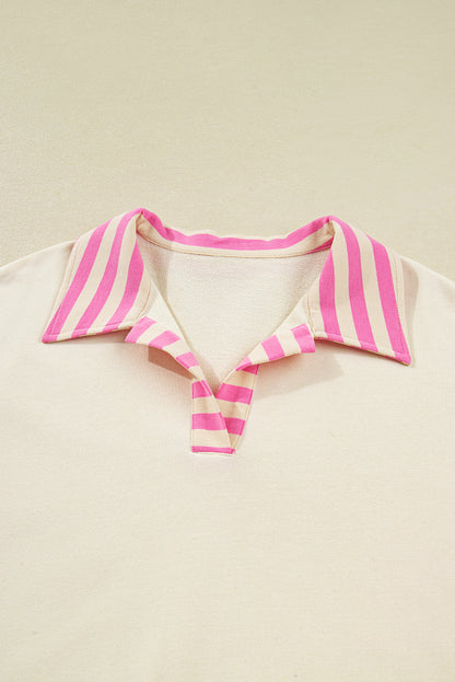 Pink Stripe Polo-Collar Drop-Shoulder Pullover — plus-size sweatshirt, Kothlis