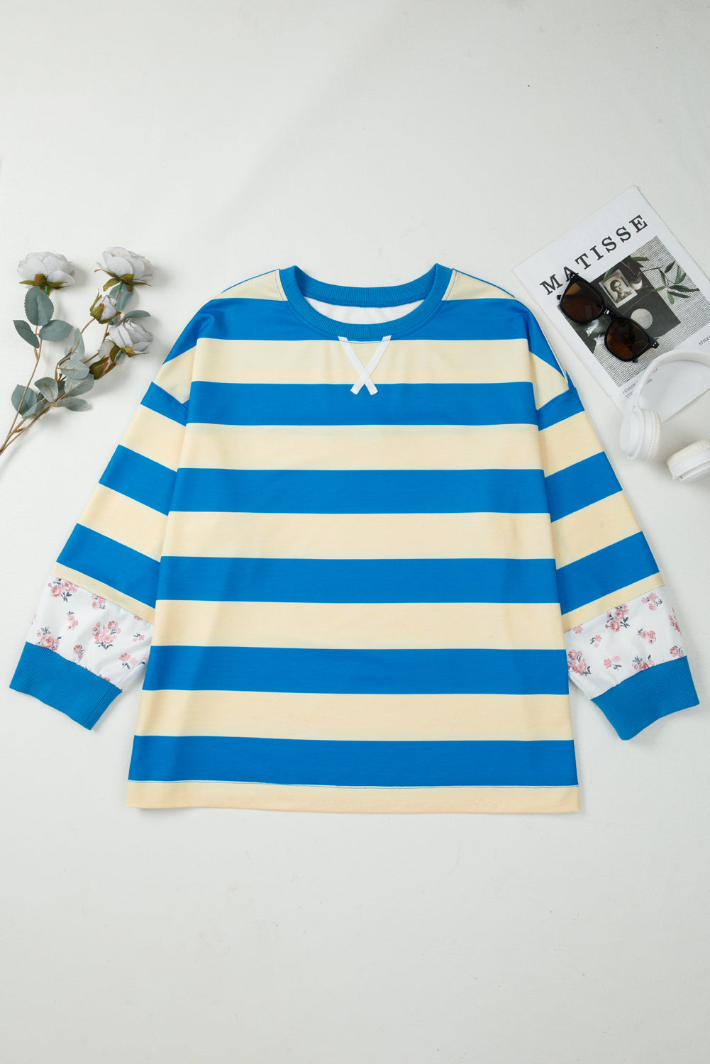 Blue Stripe Floral Drop-Shoulder Pullover — plus-size sweatshirt, Kothlis