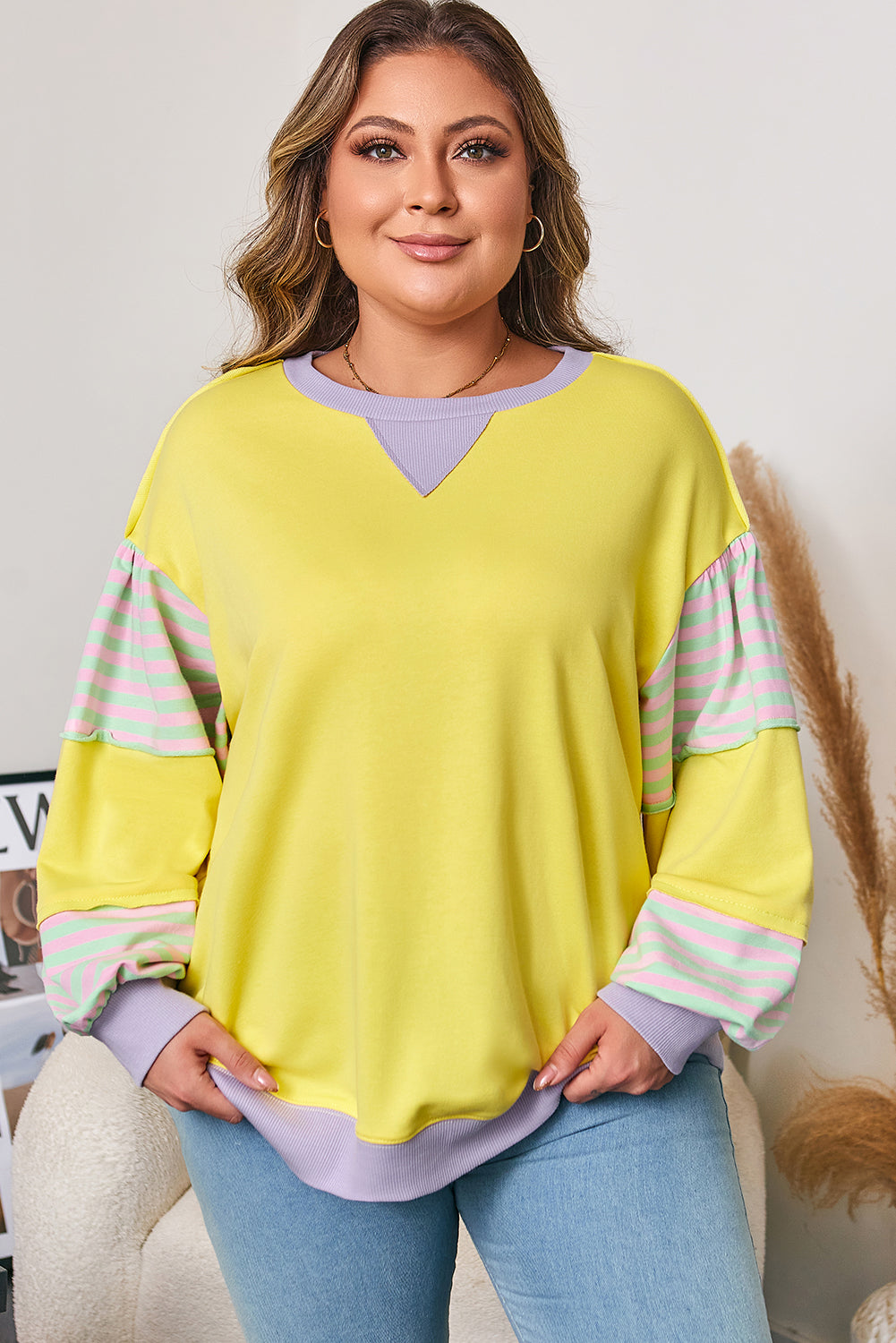Yellow Stripe Colorblock Crewneck Sweatshirt — plus-size sweatshirt, Kothlis