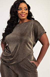 Ayla Plus Size Glitter Knit Short Sleeve Top and Wide Leg Pant Set