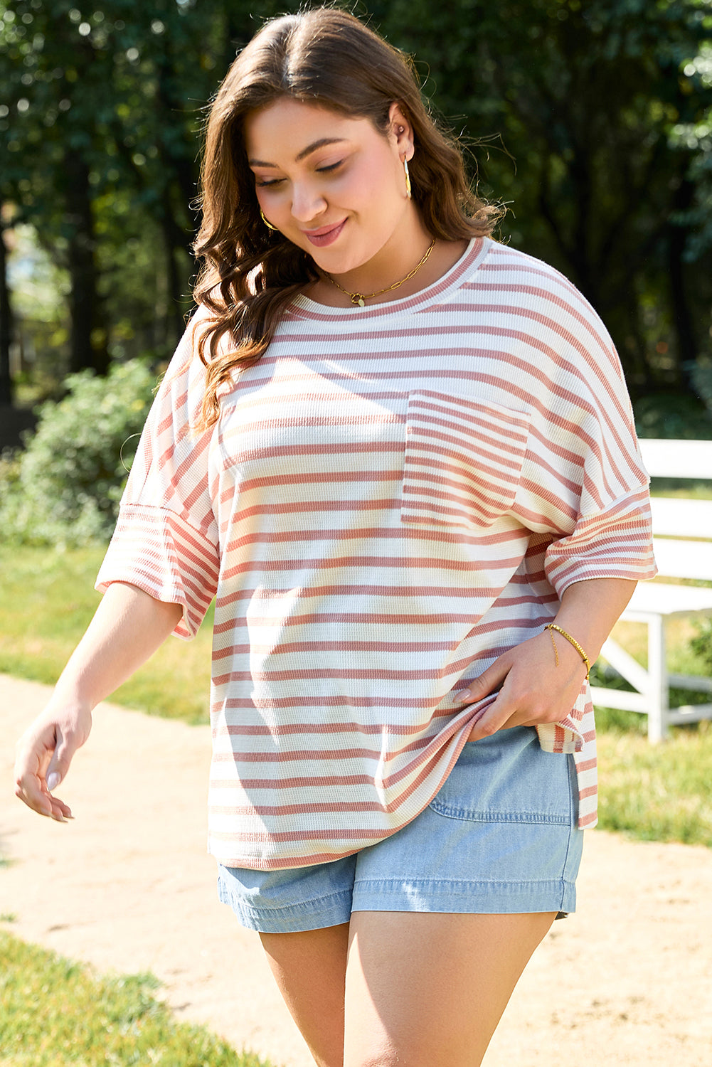 Amari - Waffle-Knit Pocket Top in Pink Stripe — plus-size top, Kothlis