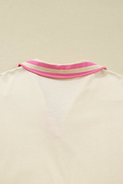 Pink Stripe Polo-Collar Drop-Shoulder Pullover — plus-size sweatshirt, Kothlis