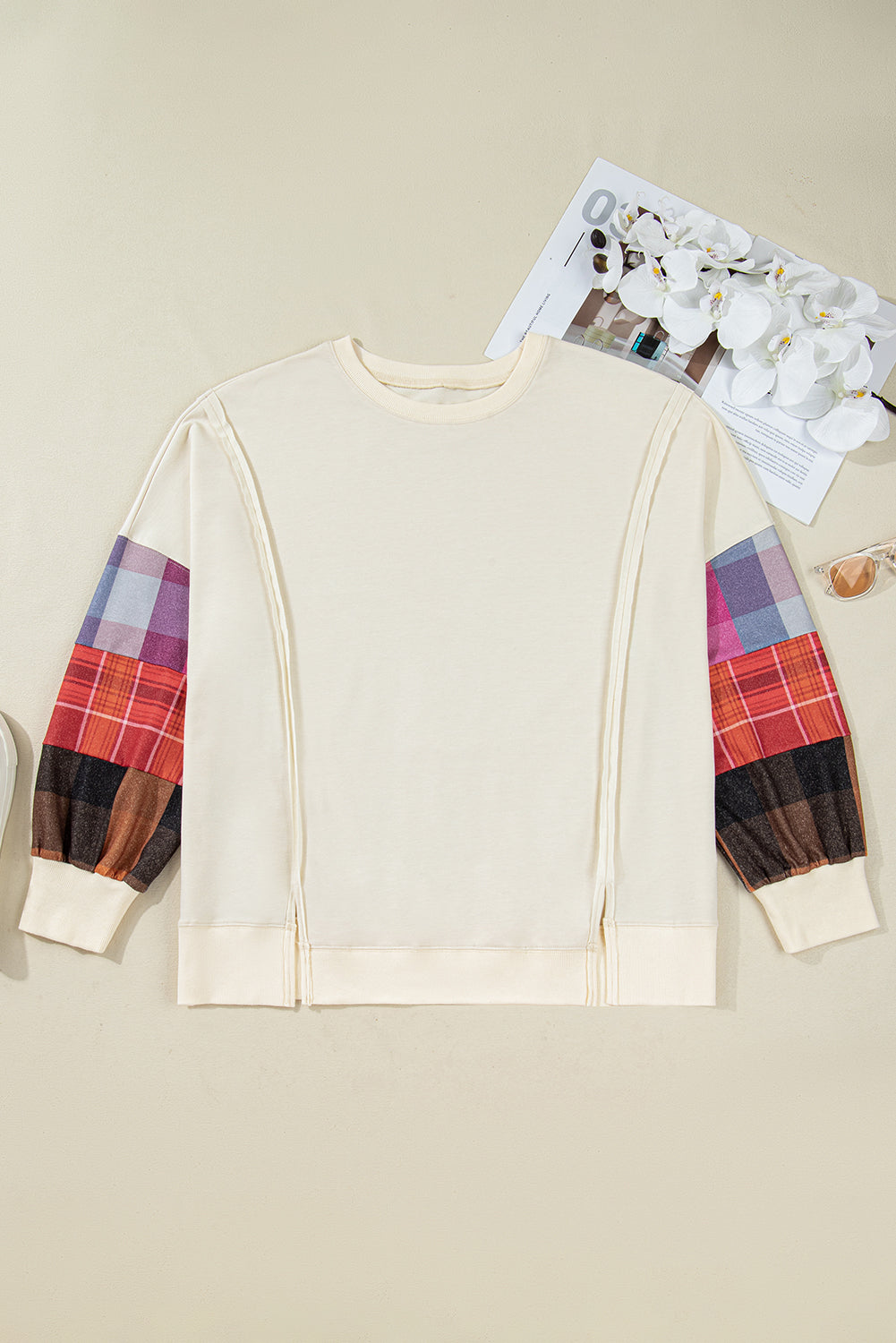Beige Plaid Patchwork Pullover - Quiet Statement — plus-size long-sleeve top, Kothlis