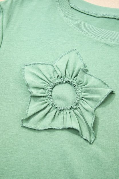 Grass Green Floral Applique Mineral-Wash Top — plus-size long-sleeve top, Kothlis
