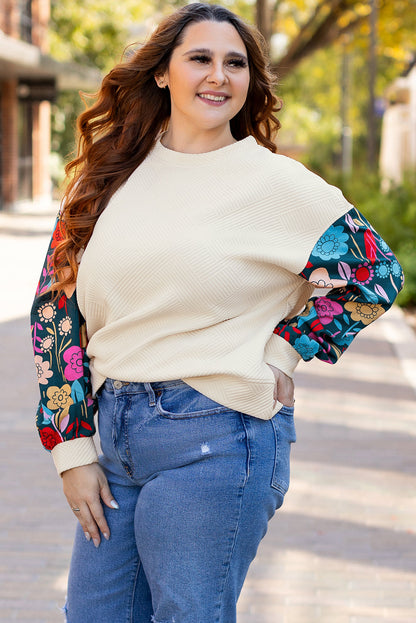 White Floral-Sleeve Textured Pullover — plus-size long-sleeve top, Kothlis