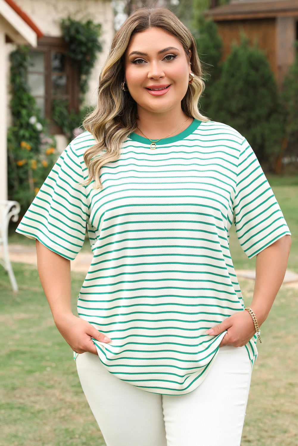 Collins - Soft Stripe Tee in Green — plus-size top, Kothlis