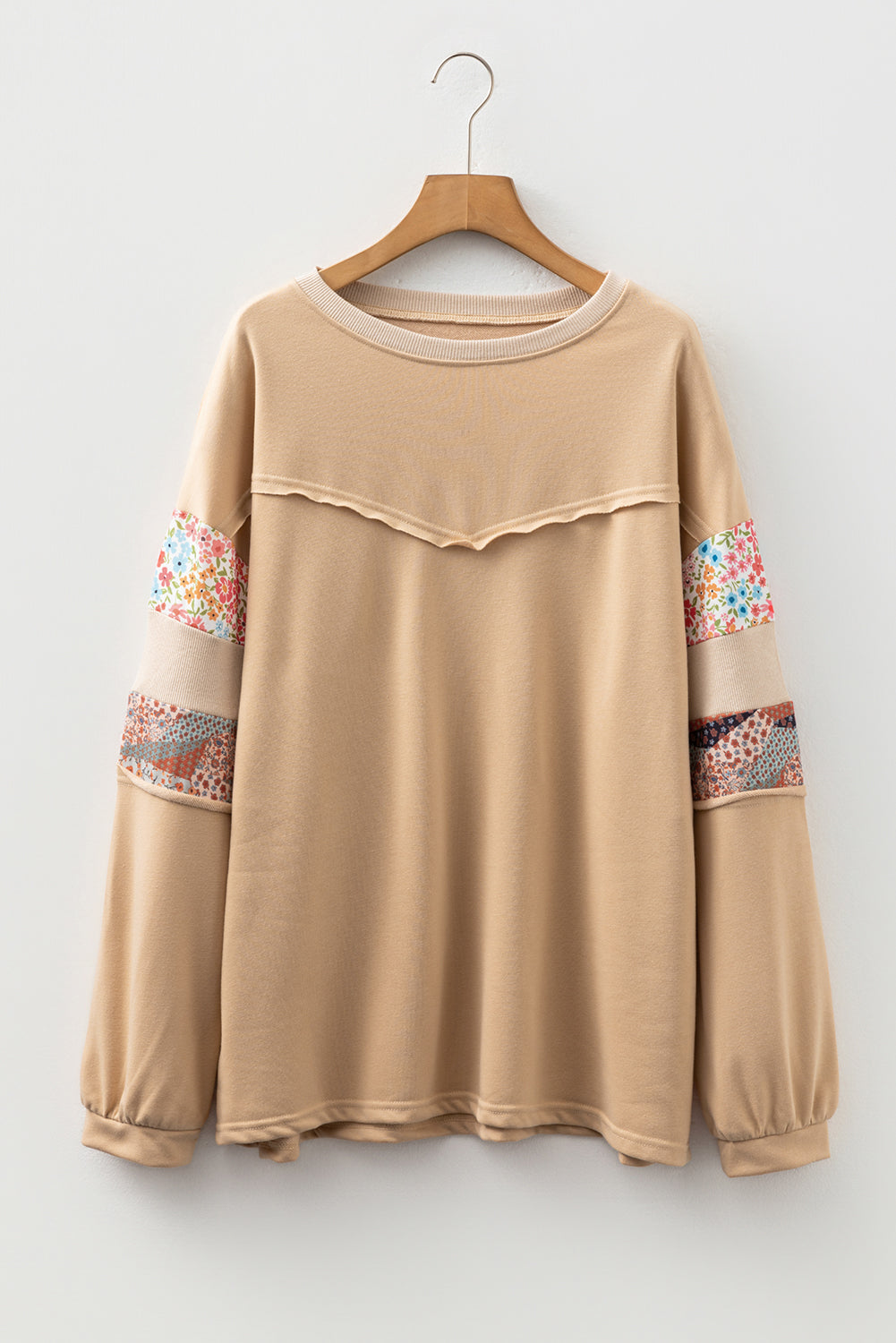 Khaki Floral Patchwork Relaxed Top — plus-size sweatshirt, Kothlis