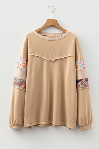 Khaki Floral Patchwork Relaxed Top — plus-size sweatshirt, Kothlis
